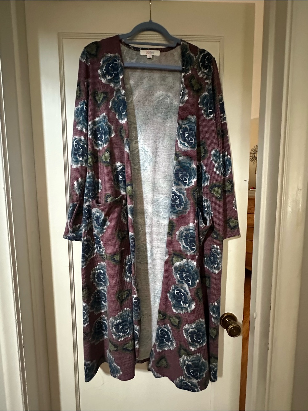 LulaRoe Floral Open-Front Long Cardigan Sweater - Mauve/Blue